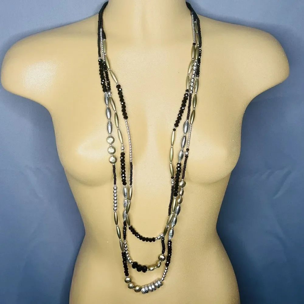 Chico's Statement Necklace Long Layered 3 Strand Beaded Black Silver Gold 1120